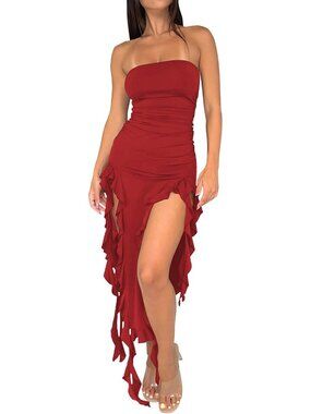Women's Red Strapless Ruffle Bodycon Maxi Dress Tube Top Ruched Split Thigh